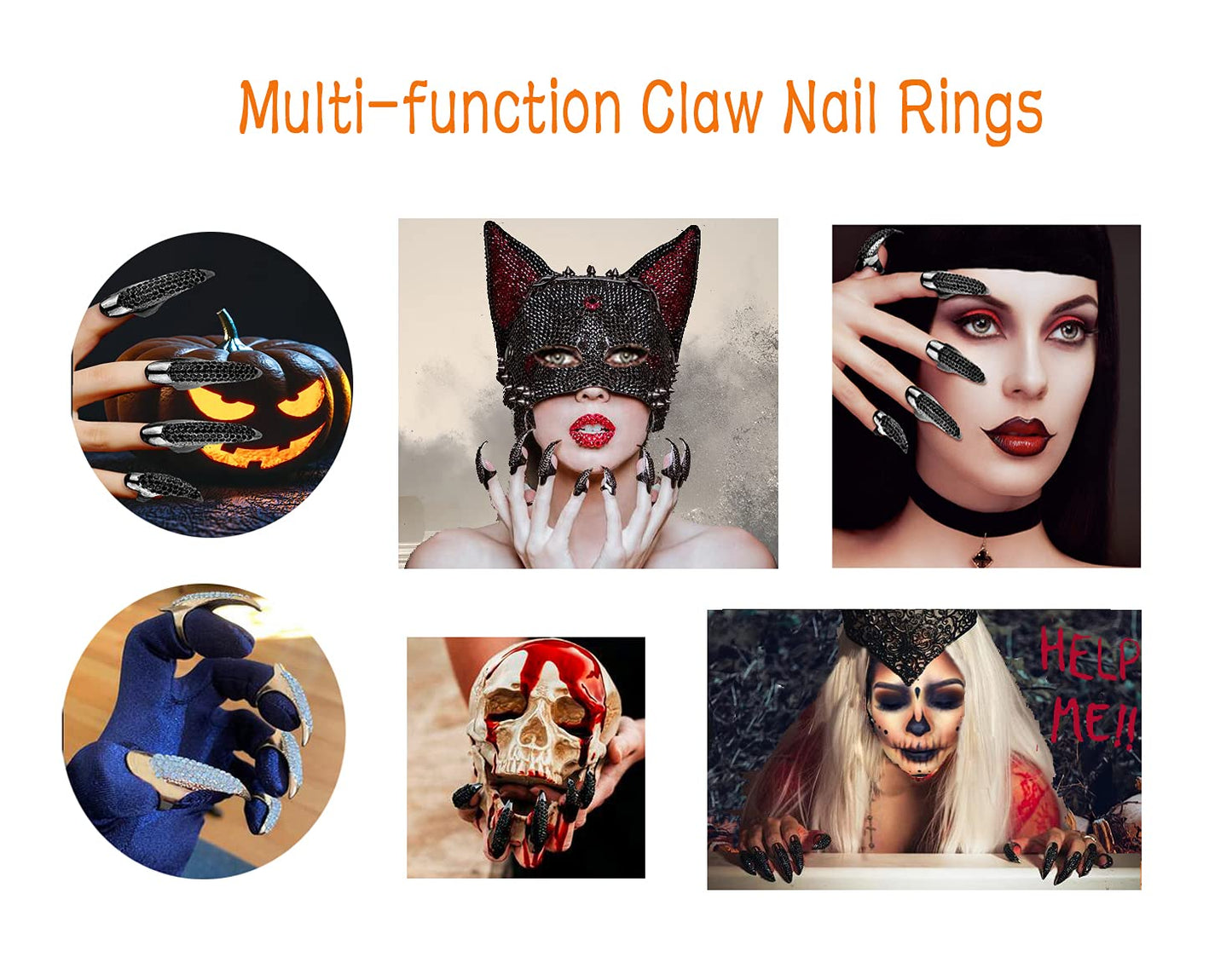 10 Pcs Halloween Costume Fake Finger Claws - Gothic Punk Cosplay Nail Rings - Sparkling Crystals Paved Party Accessories for Girls Women Men - Witch