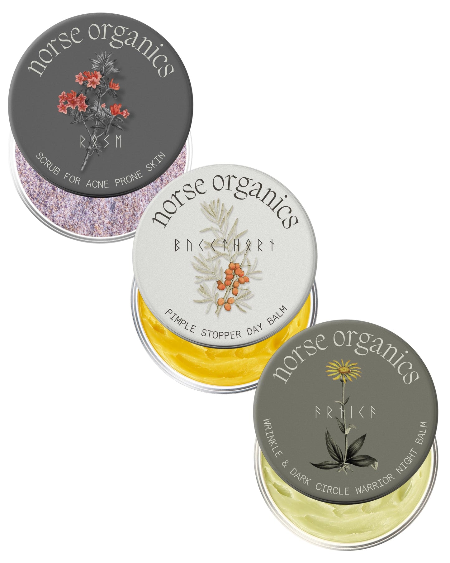 Norse Organics | Anti Age & Glow Ritual | 3 Step System Wrinkle Warrior Day Balm Face Scrub | Wild Arnica Pomegranate Arctic Herbs | Natural Skincare