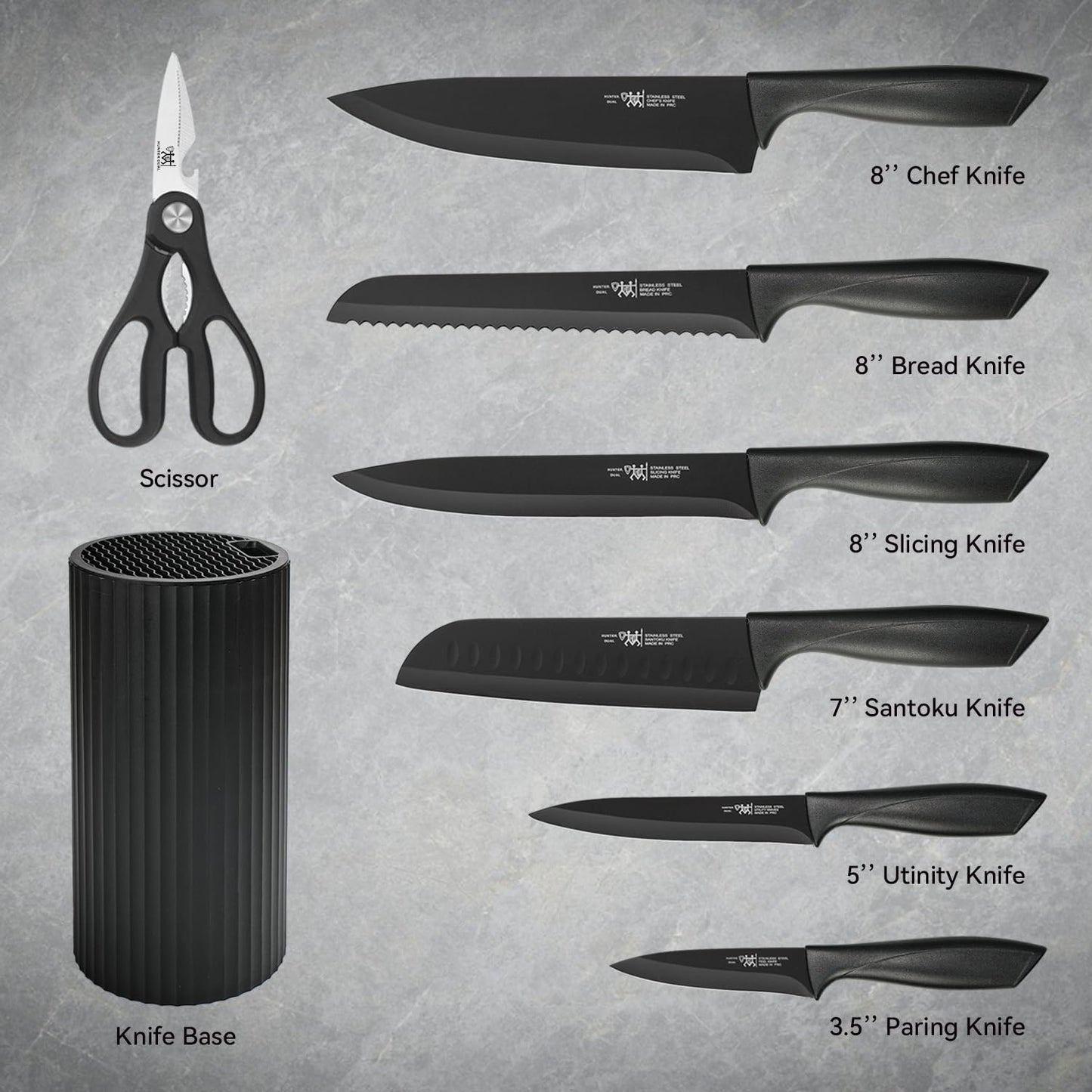 HUNTER.DUAL 8-Piece Chef Knife Set with Universal Block – Sharp, Anti-Rust, Ergonomic Design for Professional & Home Kitchens (Black)