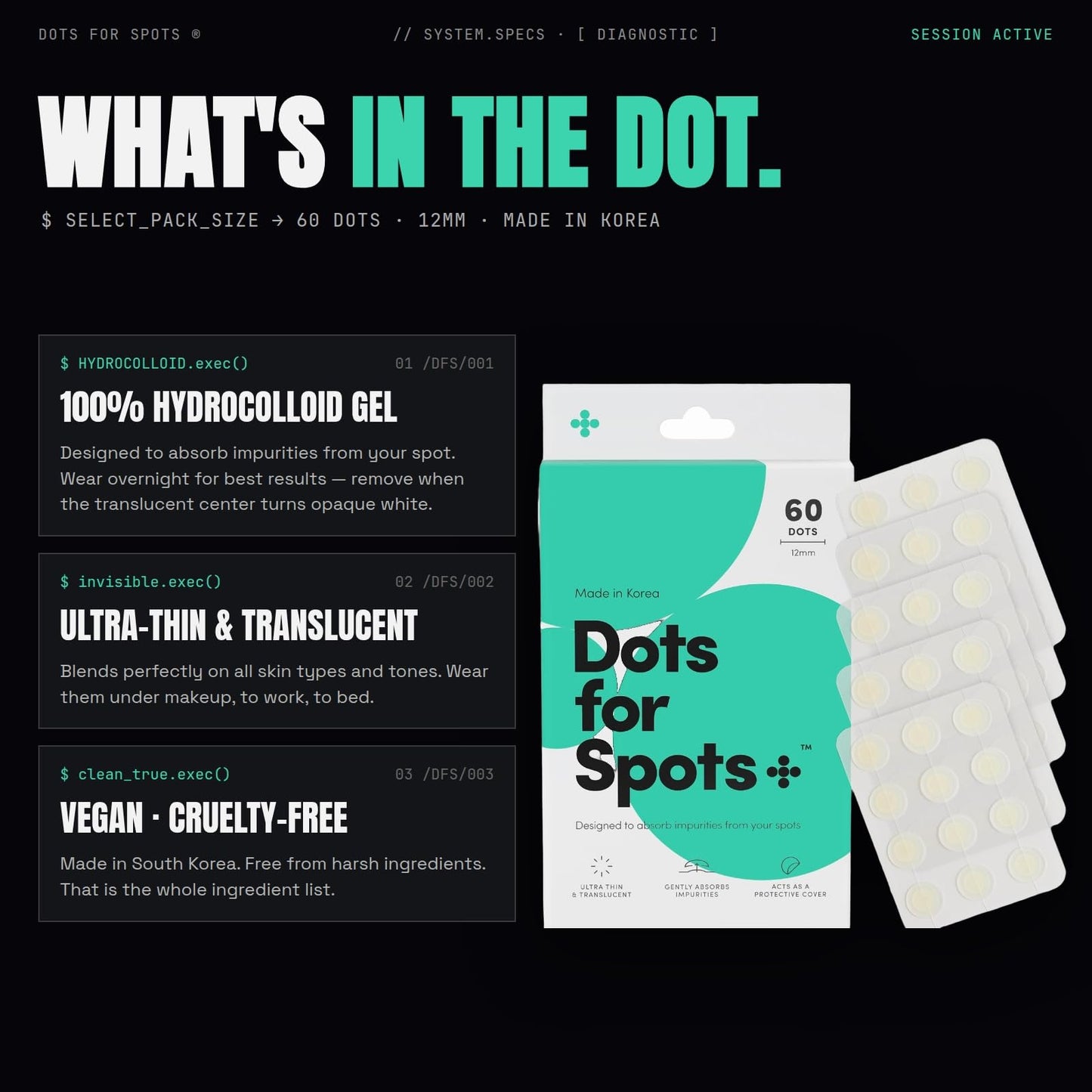 Dots for Spots Pimple Patches For Face, Fast Acting, Translucent Hydrocolloid Zit Patches that Unclog Pores Korean Skin Care, Vegan, Cruelty Free (60 Beauty and Personal Care Dots for Spots