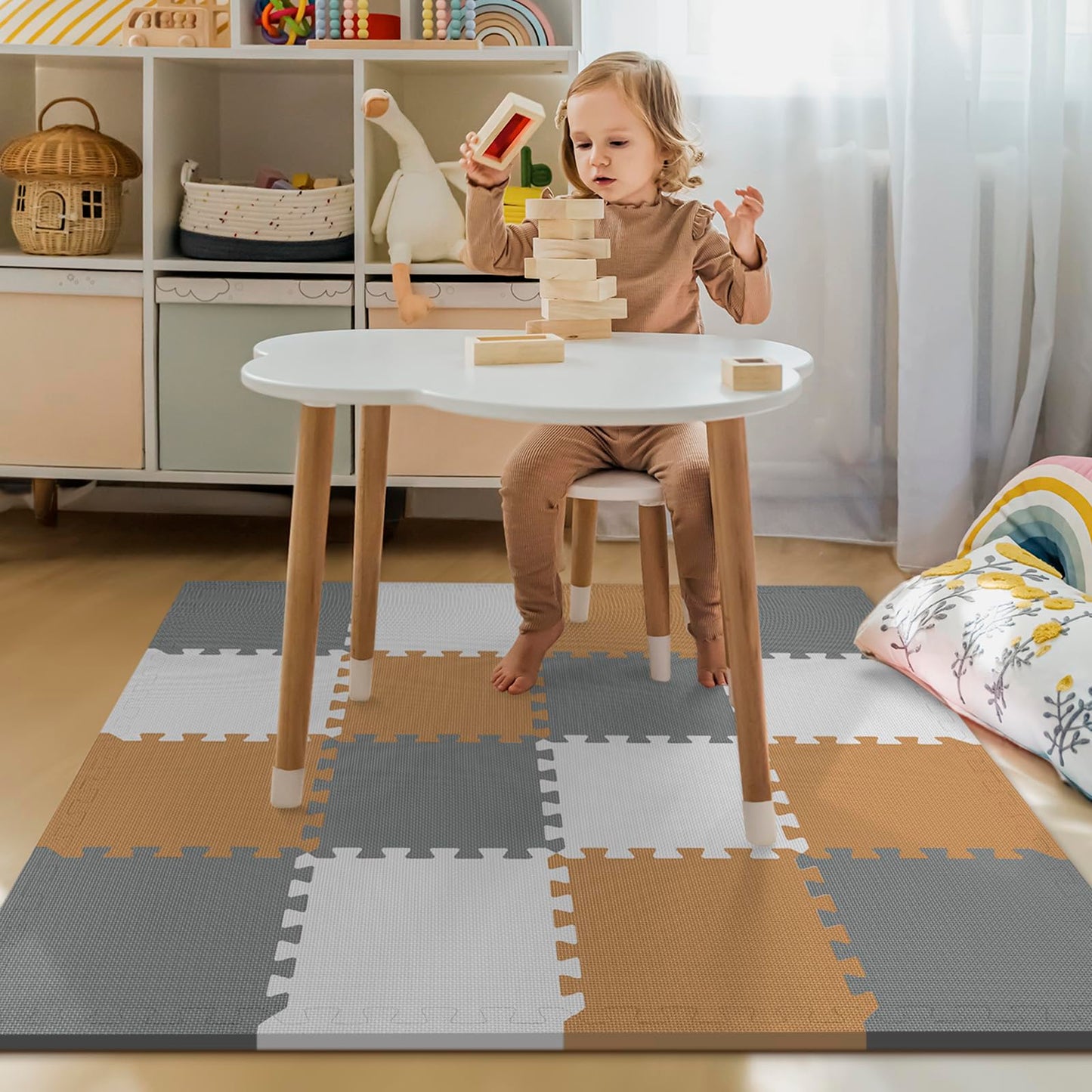 16 Tiles Baby Play Mat – 0.6" Thick EVA Foam Interlocking Floor Tiles, Soft Play Mat for Babies, Toddlers & Kids (White-Brown-Grey)
