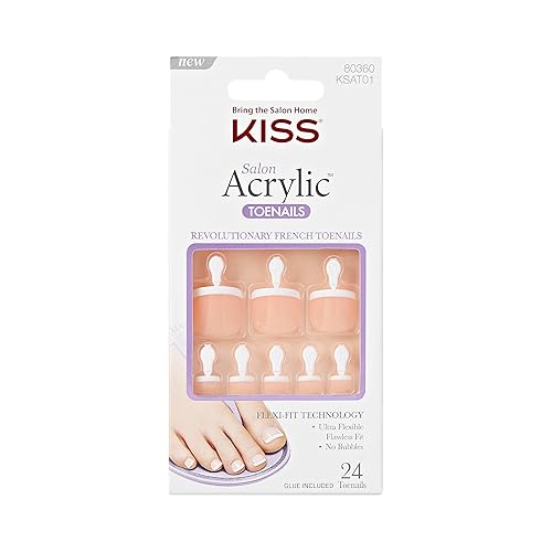 KISS Salon Acrylic, Press On Toenails, Nail Glue Included, 'Walk Away', White, Short Size, Squoval Shape, Includes 28 Nails, 2g Glue, 1 Manicure
