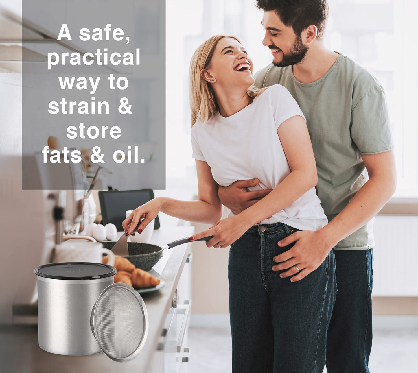 Oggi Stainless Steel Jumbo Grease Container with Removable Strainer and Snug Lid. Perfect container for fryer oil, bacon drippings, lard and ghee…