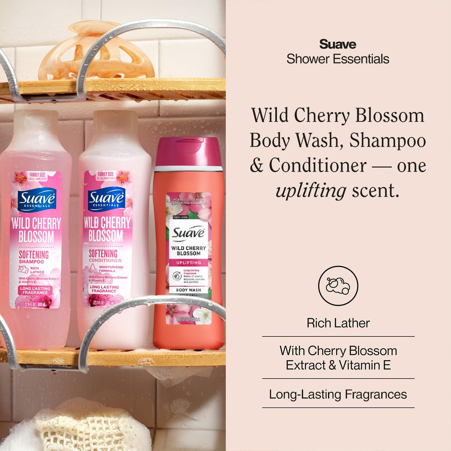Suave Body Wash 2-Pack + Nourishing Shampoo & Conditioner, Wild Cherry Blossom - Gentle Body Care & Hair Care Set with Vitamin E, Cruelty Free (4