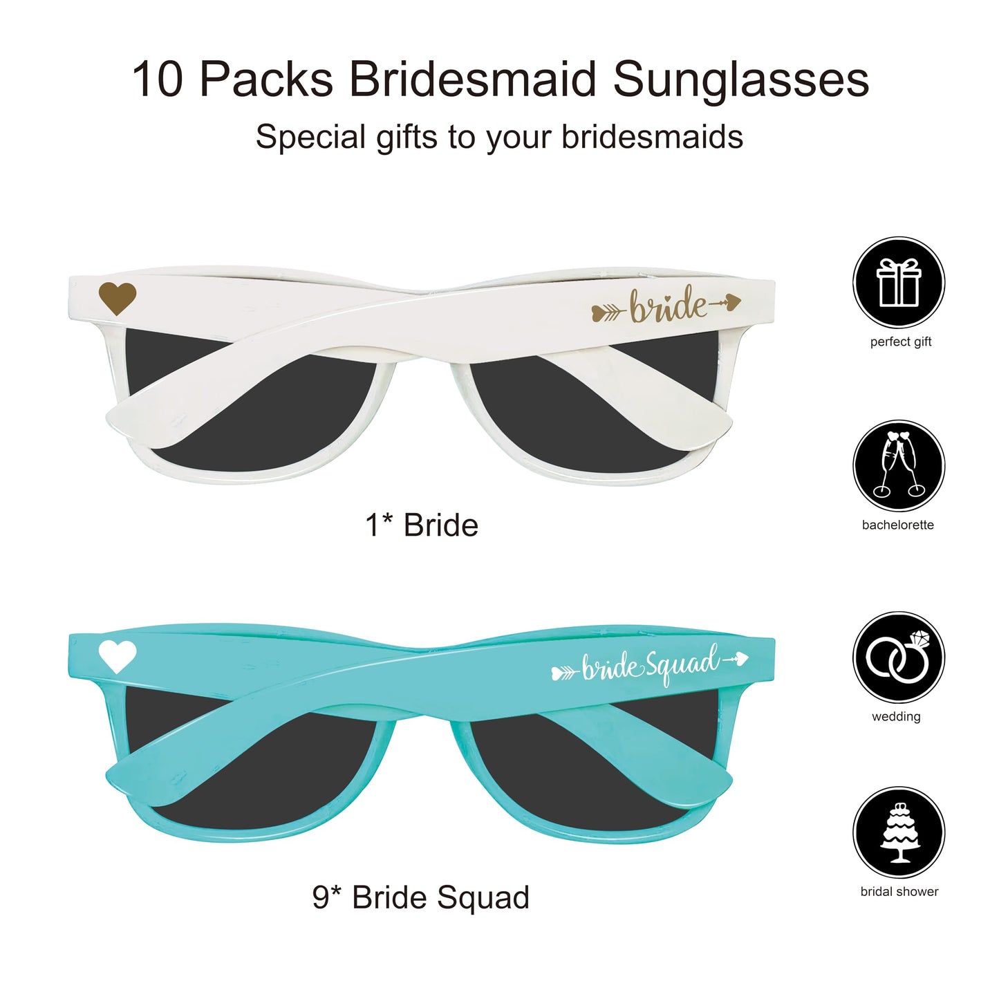 PartyGifts&beyond 10 Packs Bachelorette Sunglasses Bride Squad and Bride Sunglasses for Bachelorette Party, Bridesmaids Gifts, Wedding(Lake Blue