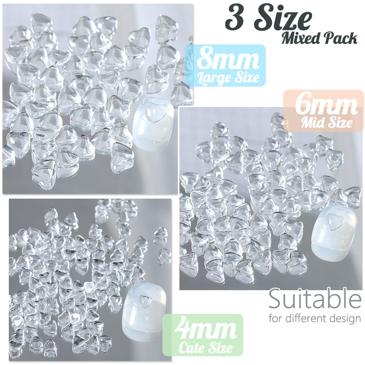 qiipii 300pcs Transparent Heart Nail Charms, 3 Sizes Mixed Size 3D Clear Cute Love Hearts Rhinestones Flatback Resin Crystals Diamonds Nail Art