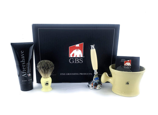 G.B.S Men’s Faux Ivory Shaving Gift Set, 5 Blade Compatible Ivory Handle Razor, Ceramic Ivory Shaving Mug, Shaving Brush, Sandalwood Aftershave Beauty and Personal Care G.B.S