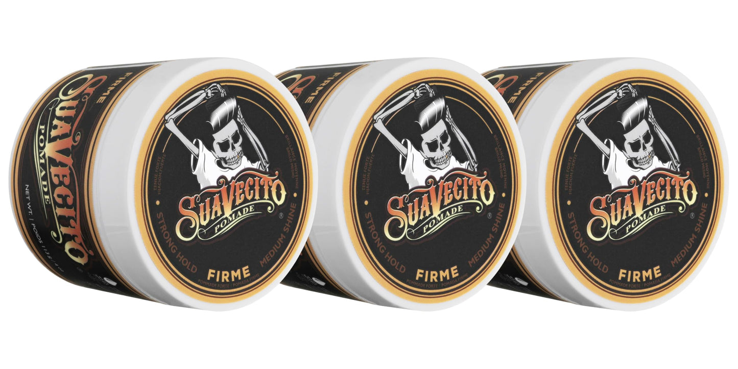 Suavecito Pomade Firme (Strong) Hold 4 oz, 3 Pack - Strong Hold Hair Pomade For Men - Medium Shine Water Based Wax Like Flake Free Hair Gel - Easy