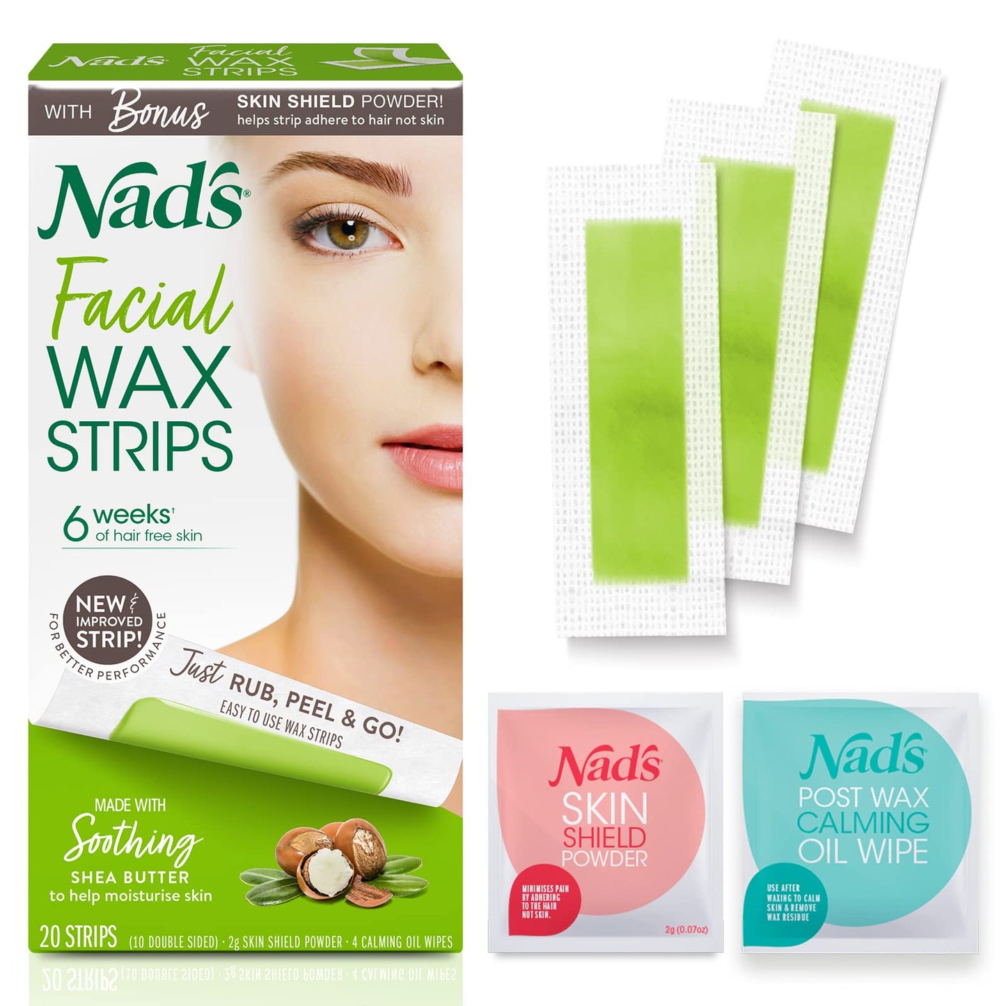 Nad's Facial Wax Strips - Hypoallergenic All Skin Types - Facial Hair Removal For Women - At Home Waxing Kit with 20 Face Wax Strips + 4 Calming Oil