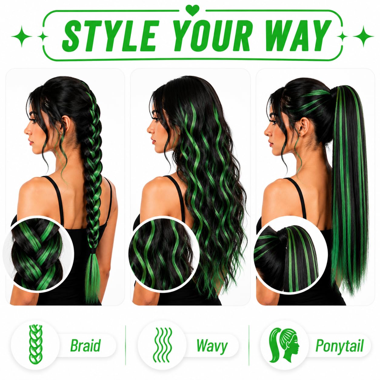 RINBOOOL Green Hair Extensions Clip in 10 Pieces Synthetic Beauty and Personal Care RINBOOOL
