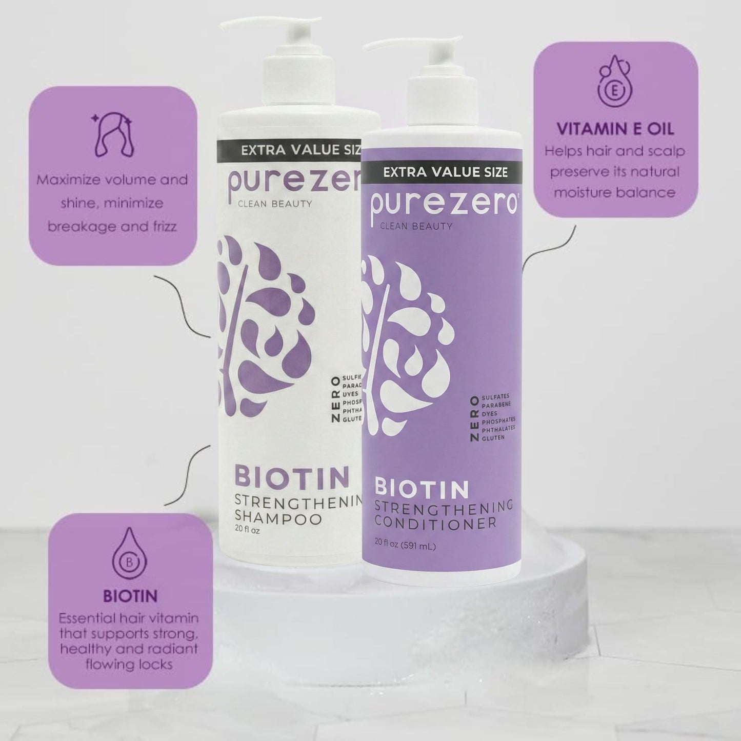 Purezero Biotin Shampoo & Conditioner Set - Anti Thinning Formula - Volumizing, Thicker, Fuller Hair - Zero Sulfates, Parabens, Dyes, Gluten - 100%
