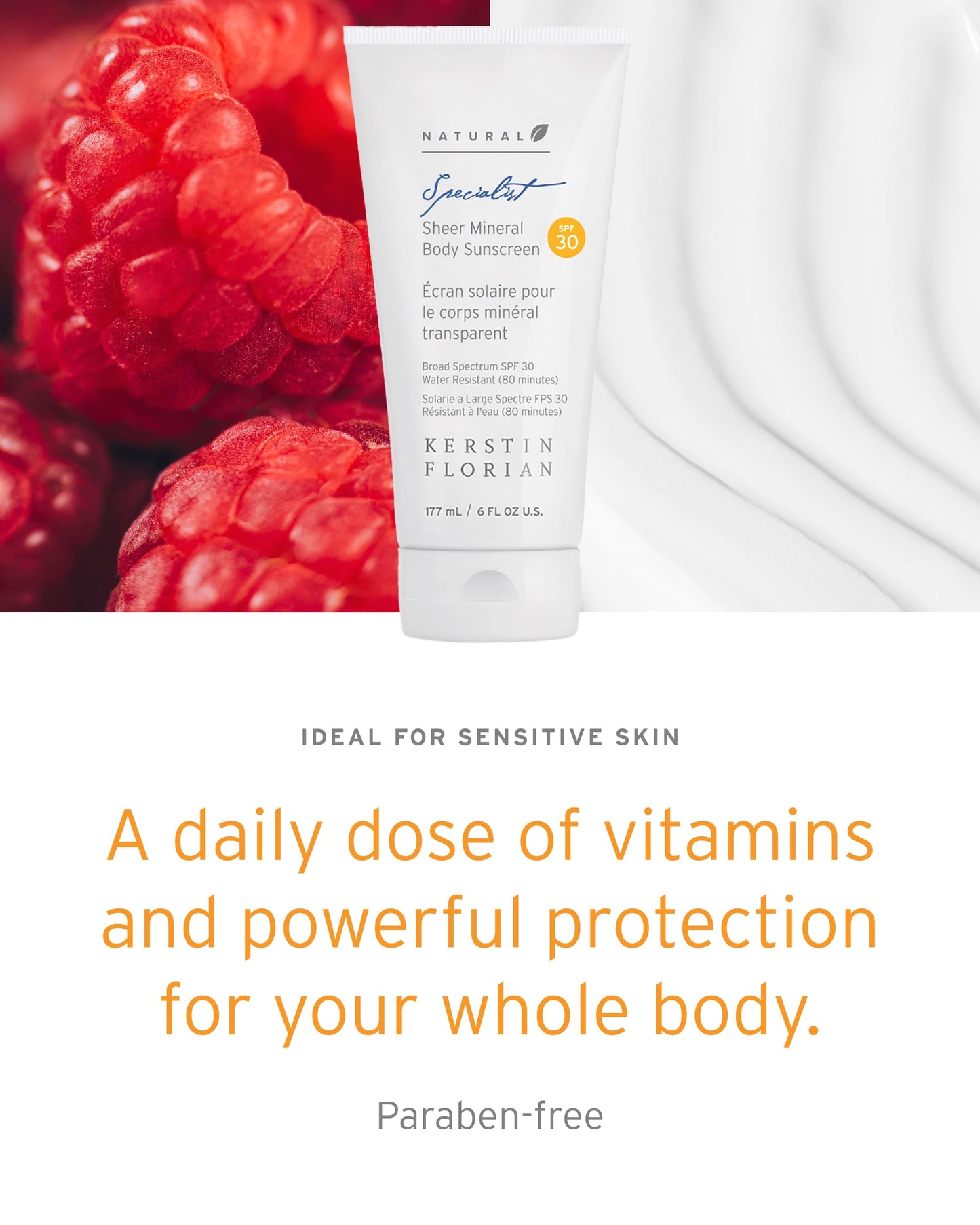 Kerstin Florian Sheer Mineral Body Sunscreen SPF 30 | Waterproof UVA/UVB Sun Protection with Natural Zinc Oxide | Reef Safe Fragrance Free Formula
