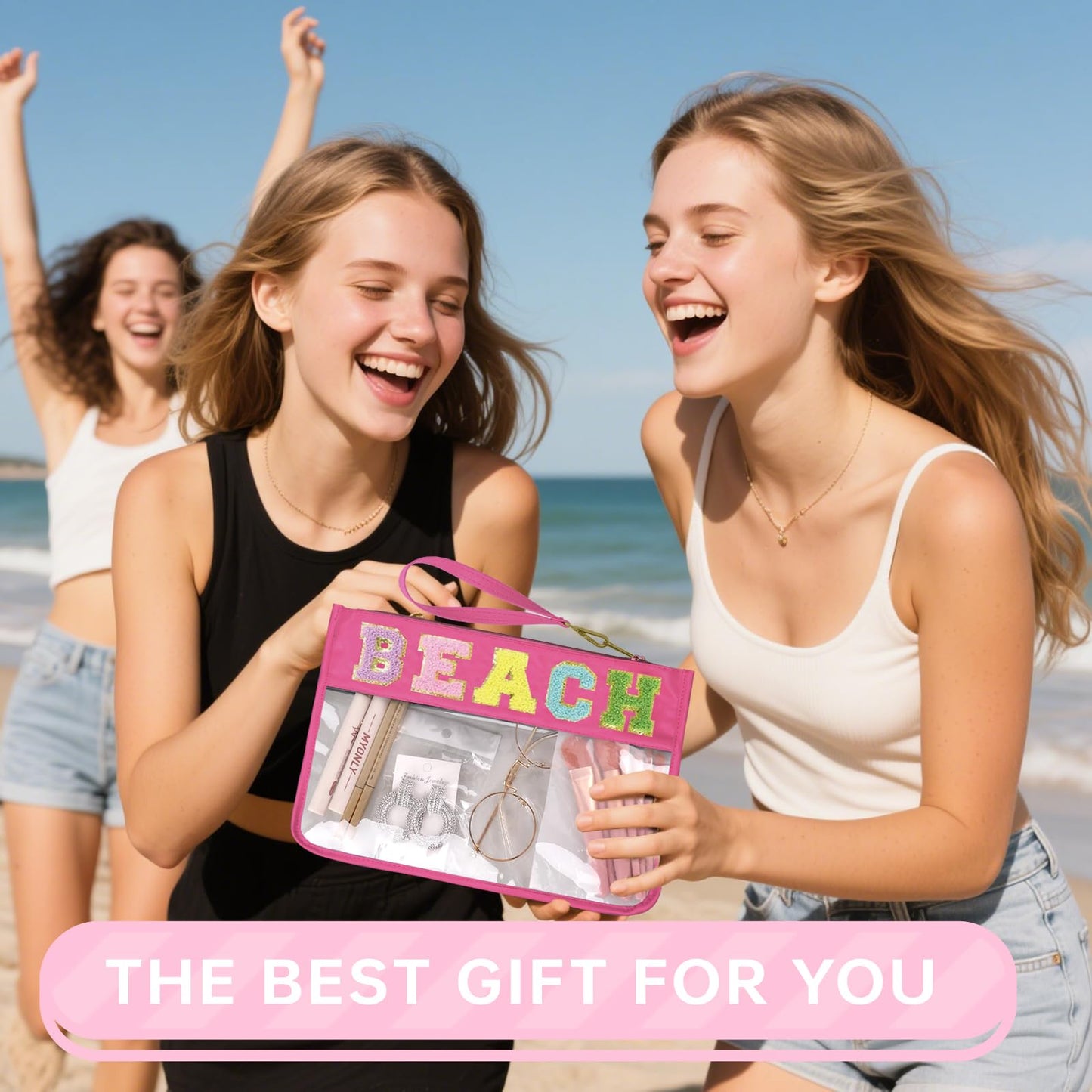 Siwara Beach Bags Sunscreen Bag Summer Essentials Clear Pouch Travel Makeup Bag Beach Essentials Chenille Letter Bags for Zipper Pouch Clear Cosmetic Beauty and Personal Care Siwara