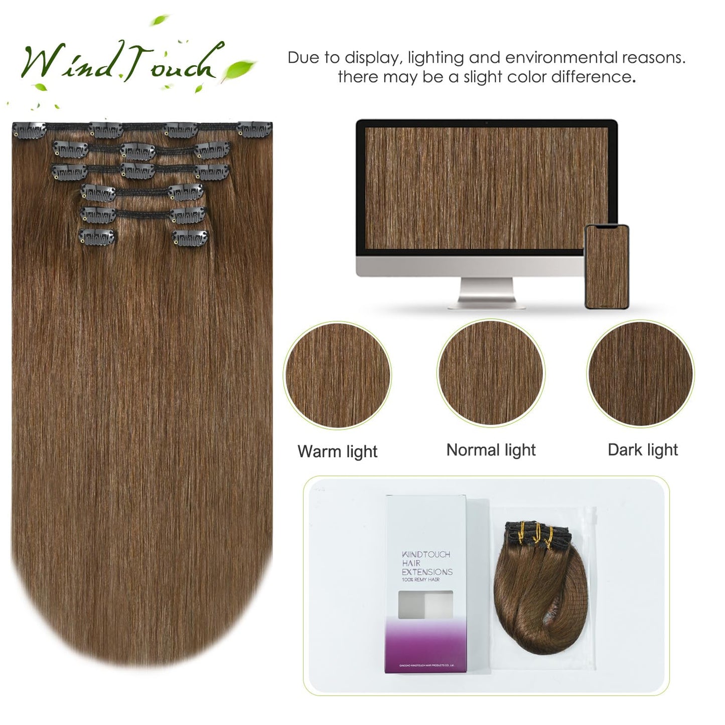 WindTouch Clip In Hair Extensions Real Human Hair Light Brown Extensions 18Inch 75g 7Pcs Human Hair Clip in Extensions #6 Chestnut Brown Hair
