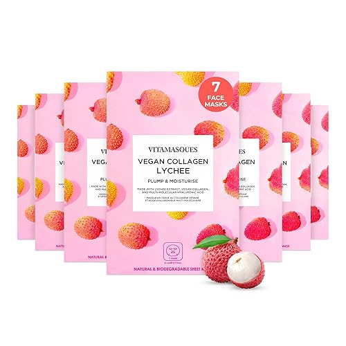 Vitamasques Korean Collagen Face Mask - Hydrating & Moisturizing Korean Sheet Mask with Lychee & Hyaluronic Acid - Vegan Facial Skincare for Firming