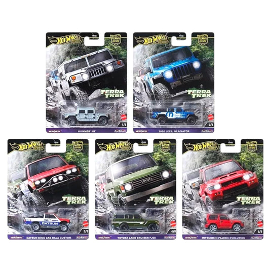 Hot Wheels Terra Trek Off-Road Collection, 5 Die-Cast Cars Set, Hummer H1, Jeep Gladiator, Datsun King Cab, Toyota Land Cruiser, Mitsubishi Pajero…