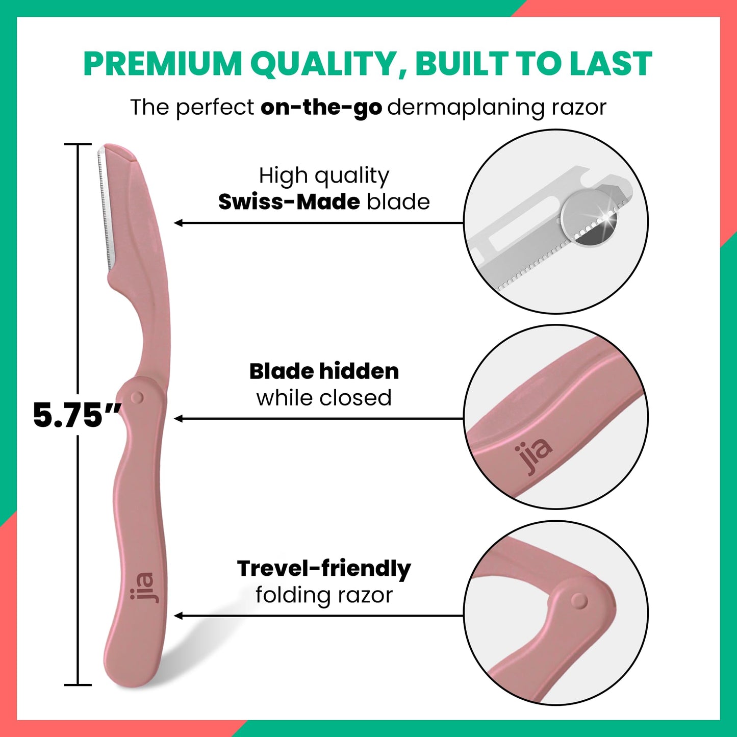 Jia Dermaplane Facial Folding Razor 3-Pack, Champagne Blush - Eyebrow Trimmer & Face Shaver for Women and Men, Peach Fuzz & Dead Skin Cell Removal Beauty and Personal Care jia Personal Care