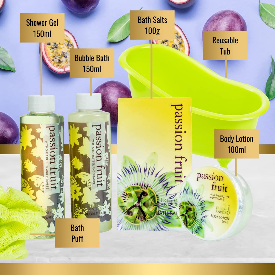 Home Spa Bath Basket Passion Fruit Fragrance Bath & Body Set For Women Contains Shower Gel, Bubble Bath, Body Lotion, Bath Salt in Green Tub Gift