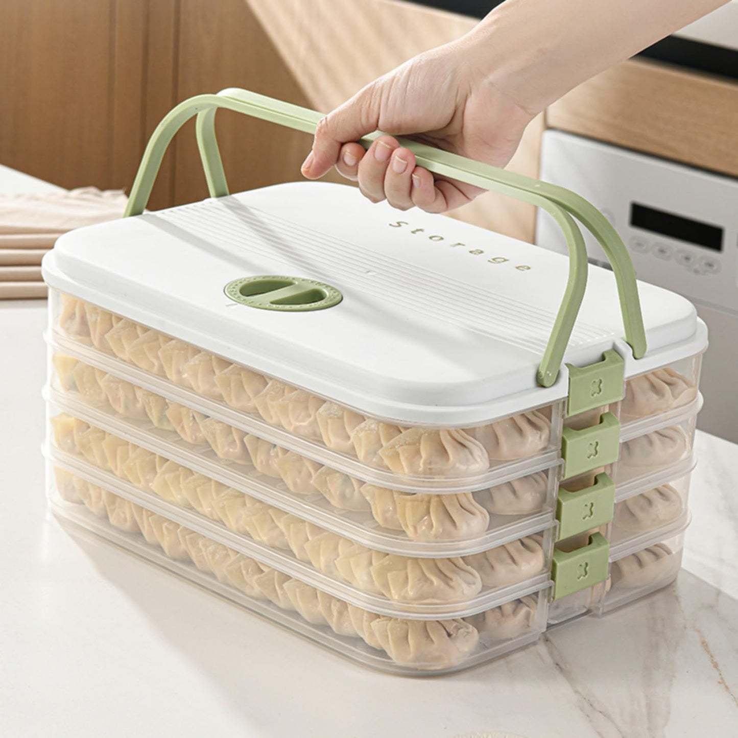 MueJah Dumplings Storage with 4 Layers, Stackable with Buckle, Lid & Handle for Cookies Wonton Donuts Box Organizer For Fridge, White-Green