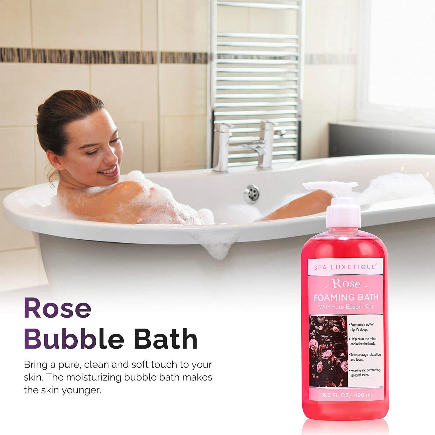 Spa Luxetique Bubble Bath, Foaming Bath with Epsom Salt, Chamomile Rose and Lavender Scent Bathing Set, 3 Pack 49.8 fl oz Christmas Gifts Set