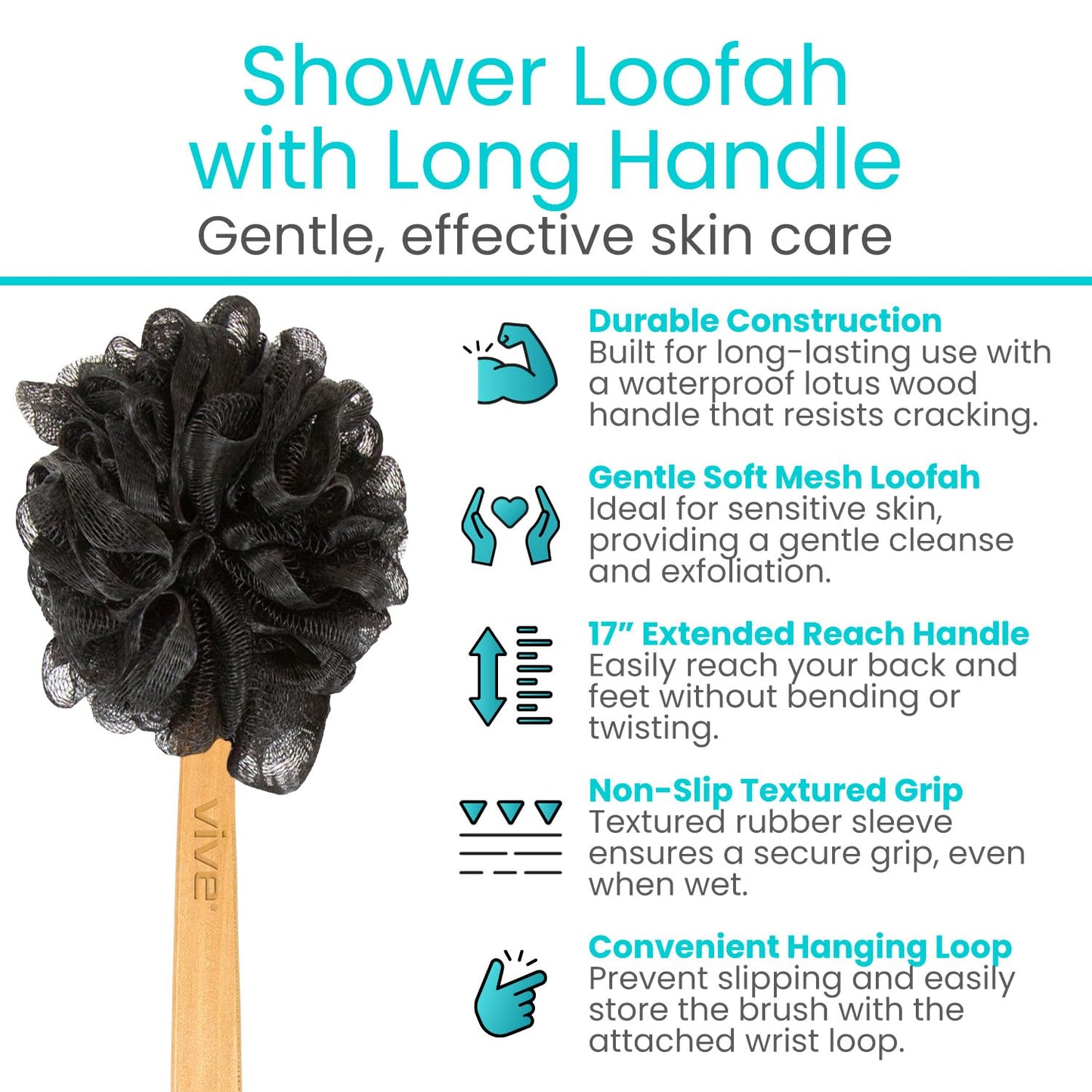 Vive 17” Shower Loofah with Long Handle - Exfoliating Back & Body Scrubber for Men & Women - Luffa Sponge on a Stick for Bathing, Cleaning - Includes