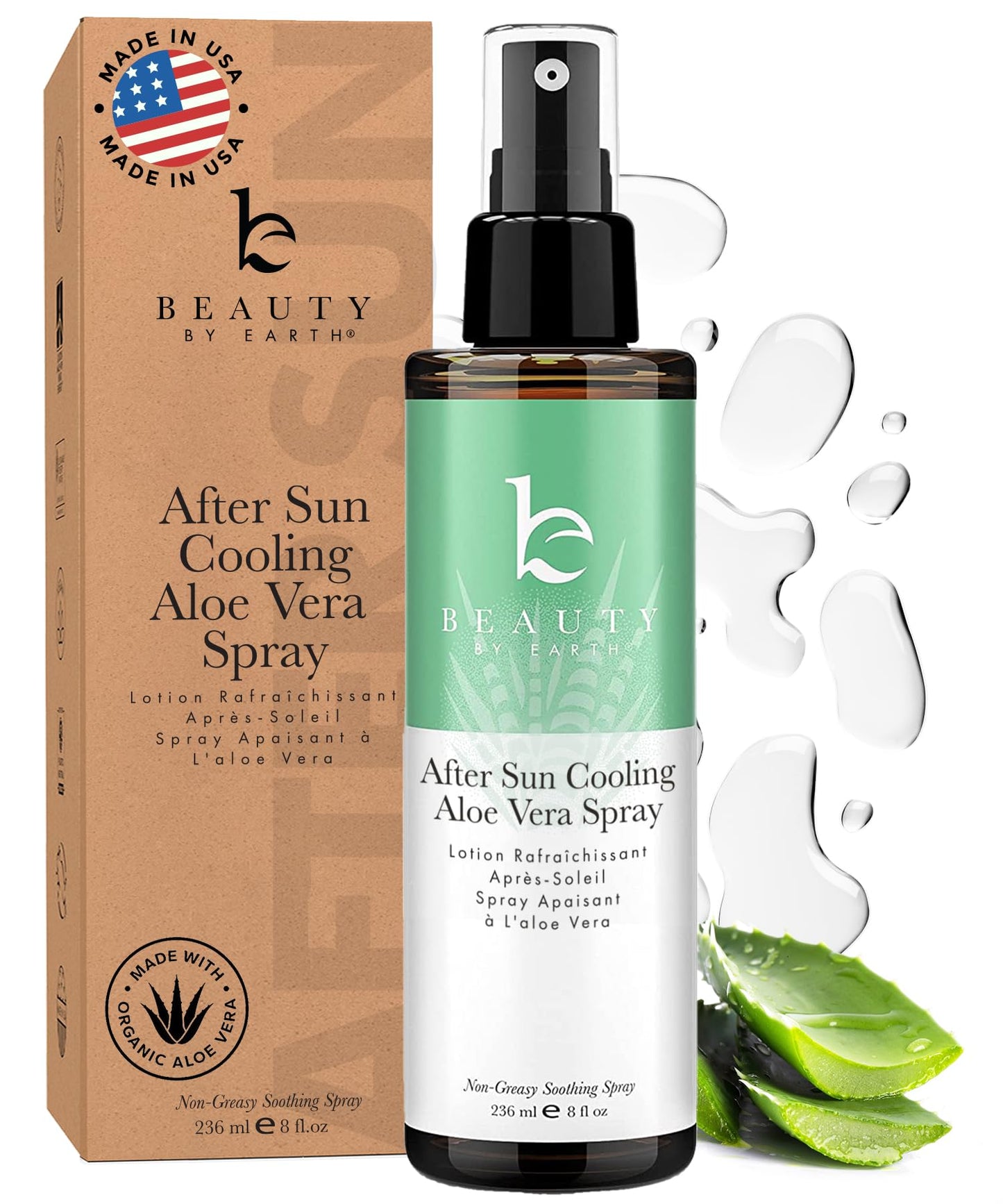 Beauty by Earth After Sun Cooling Aloe Vera Spray - USA Made With Organic Aloe Vera, Fast Absorbing After Sun Care for Sunburn Relief, Skin Cooling
