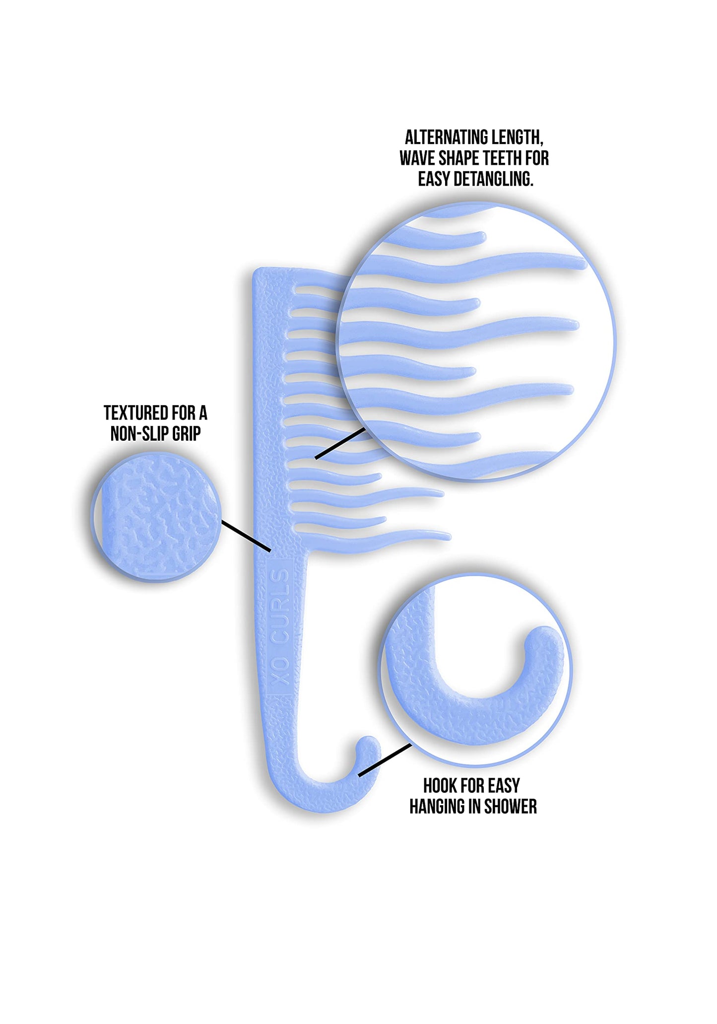 XO Curls Shower detangling hair comb, Wide tooth comb, Comb with hook for easy hanging in shower, Gentle on Scalp, Hair comb for with curly & wavy