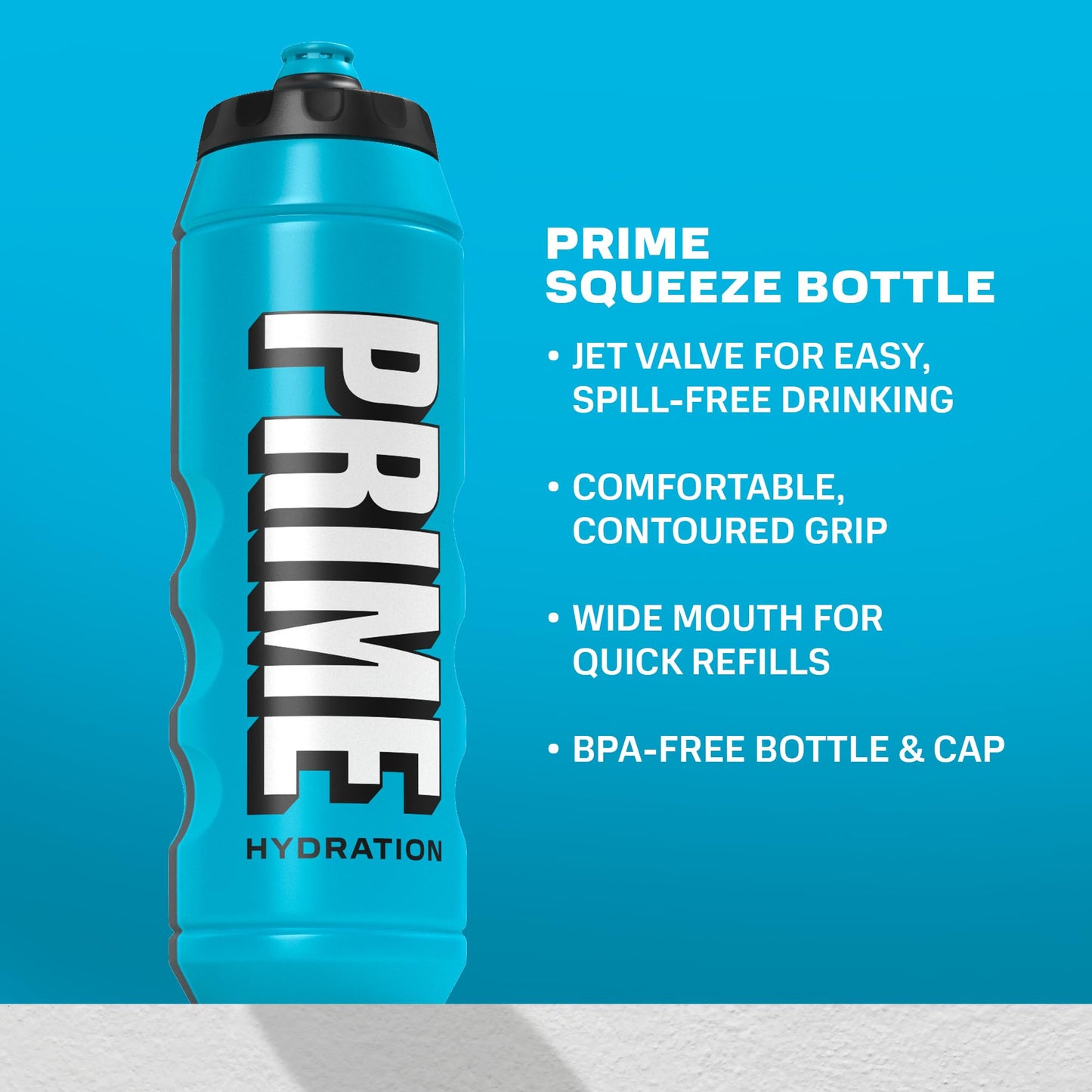 PRIME 32 oz Blue Squeeze Sports Water Bottle, BPA Free, Dishwasher Safe, Easy-Grip Ergonomic Leakproof Design, Fast Hydration for Gym, Cycling
