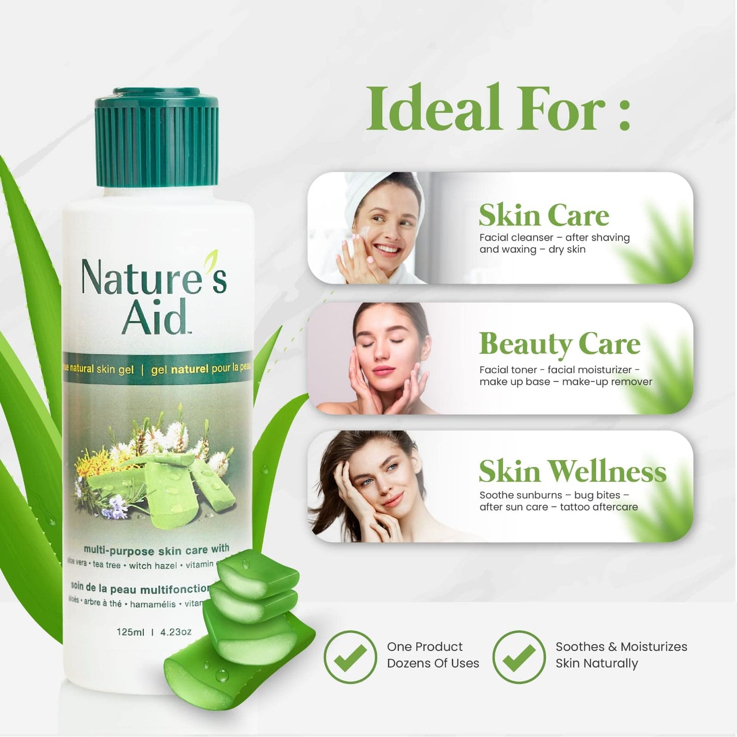 Natures Aid Original Skin Gel 125ml Award-Winning Multipurpose Formula Featuring Aloe Vera Gel Extract - 3X Factor. Works for After Sun Care, Dry