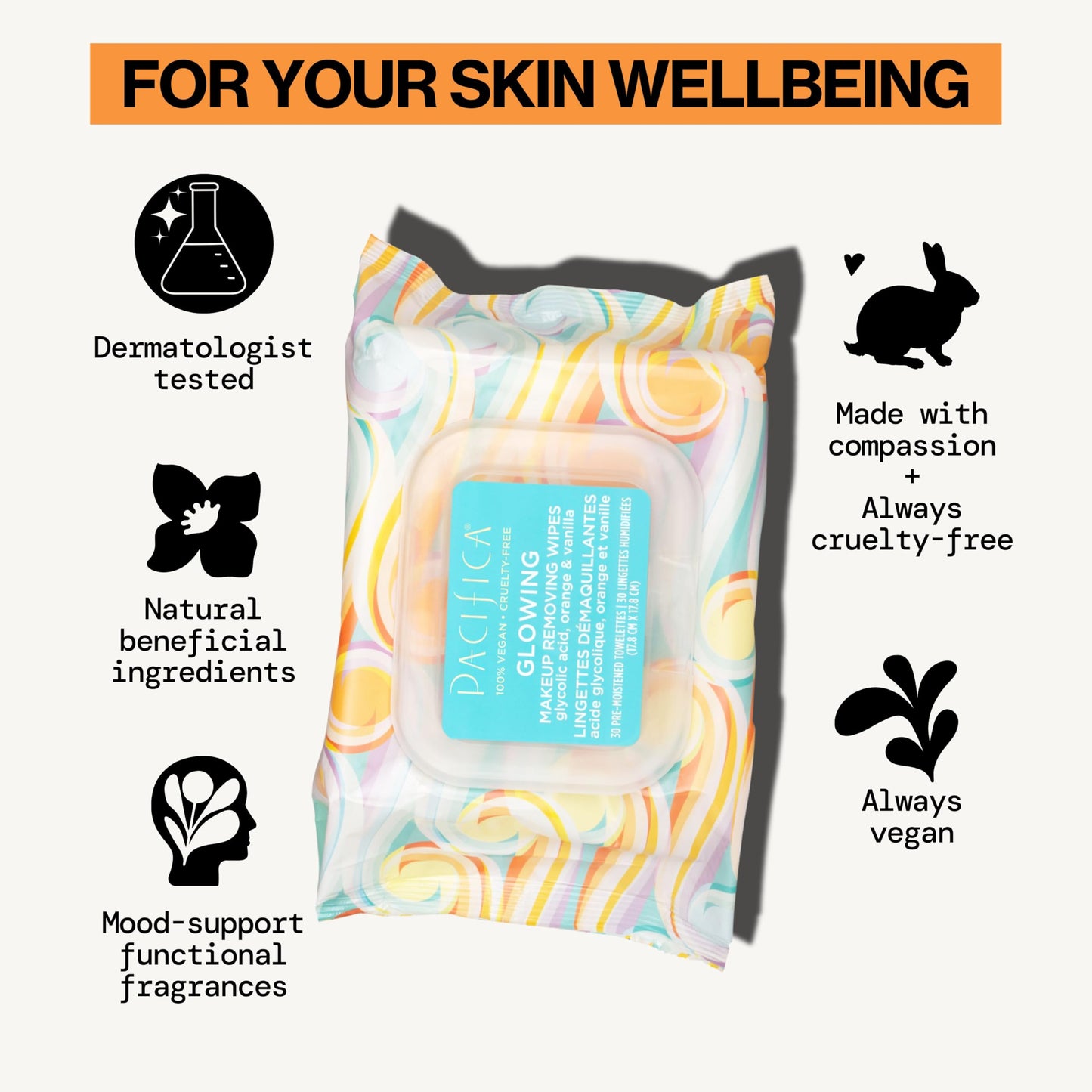 Pacifica Vegan Face Cleansing Wipes, Makeup Remover Wipes w/Glycolic Acid, Aloe Vera & Coconut Water Exfoliating & Hydrating Facial Towelettes for All Beauty and Personal Care Pacifica