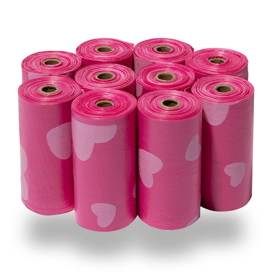 Best Pet Supplies Dog Poop Bags (150) – Leak-Proof, Tear-Resistant Waste Bags for Puppy Walking & Travel, Pink Heart Design