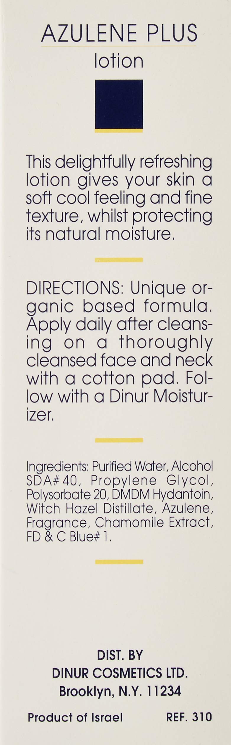 Dinur Cosmetics Azulene Plus Lotion for Normal to Oily Skin, Lightweight Daily Face & Body Moisturizer with Azulene, 4 fl oz / 120 ml