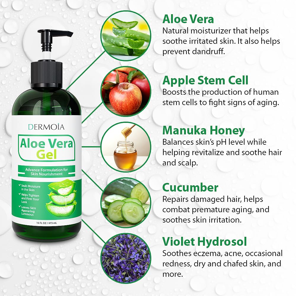 DERMOIA Aloe Vera Gel Body Moisturizer - Sunburn Relief Aloe Vera Gel for Skin with Apple Stem Cell, Cucumber & Violet Hydrosol - Hydrating Facial