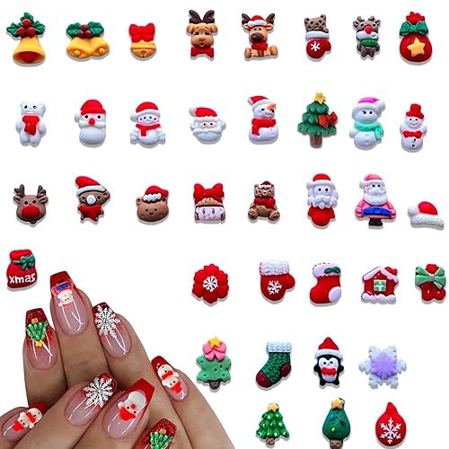 37PCS Christmas Nail Art Charms - Mixed 3D Resin Charms with Santa Claus, Elk, Xmas Tree, Gloves, Bells, Snowman Designs
