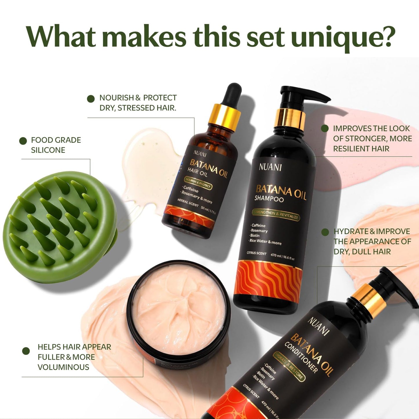 Nuani Batana Oil Shampoo and Conditioner Set (16 fl oz / 470 ml) with Rosemary & Caffeine | Includes Deep Mask, Hair Oil & Silicone Scalp Massager |