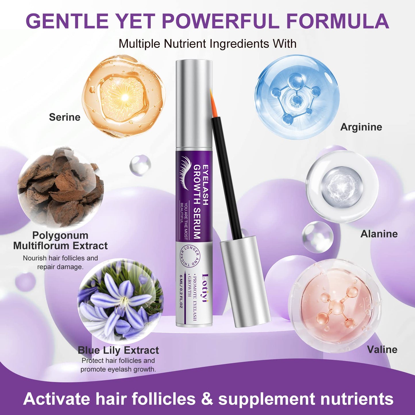 LOTIYI Eyelashes Growth Serum -6ml Eyelash Growth Serum for Natural Lashes & Extensions & Eyebrows, Thicker, Fuller & Longer Looking