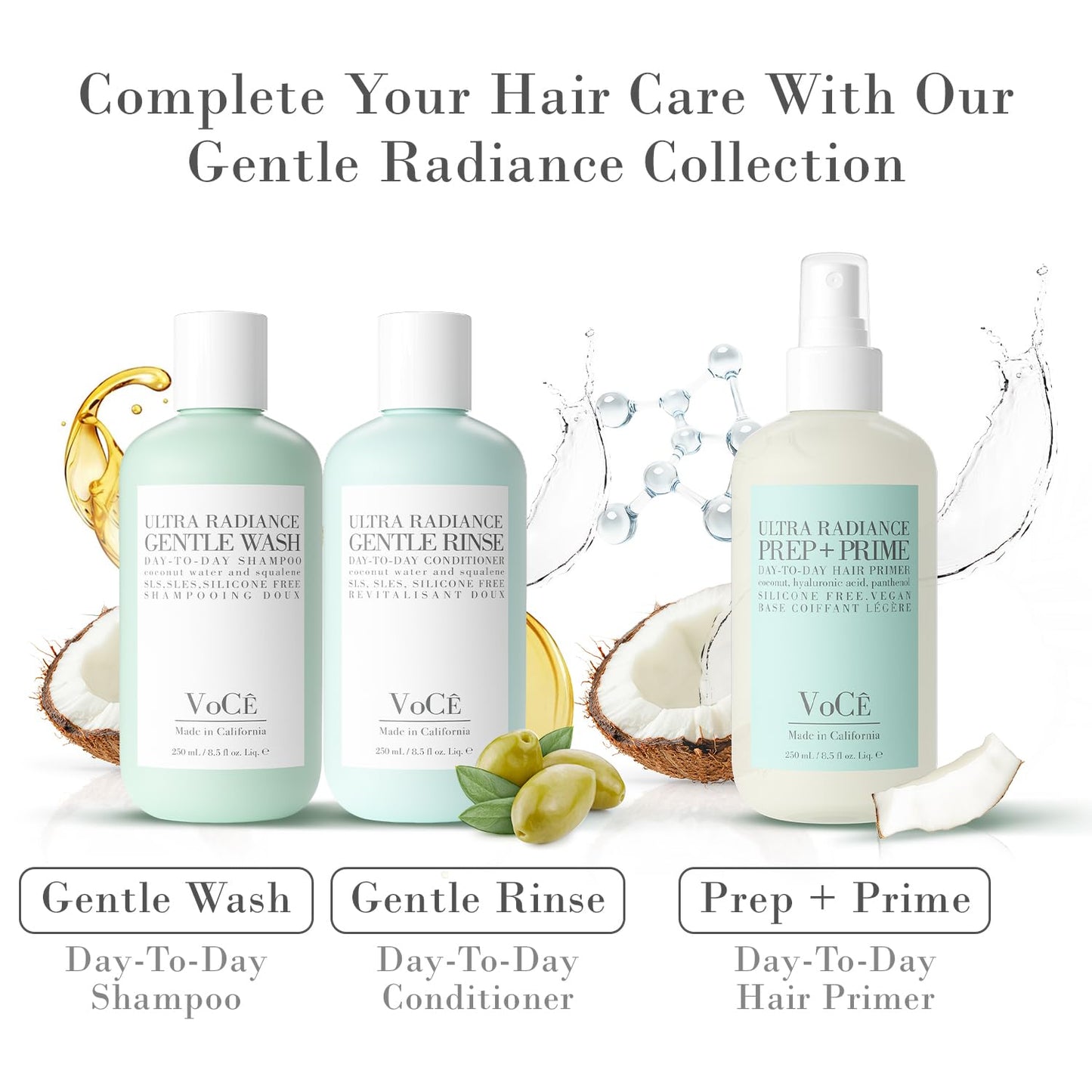 VoCÊ Haircare Gentle Collection Gift Set | Ultra Radiance Shampoo, Conditioner & Prep + Prime Spray | Vegan, Cruelty-Free Haircare for Soft, Shiny