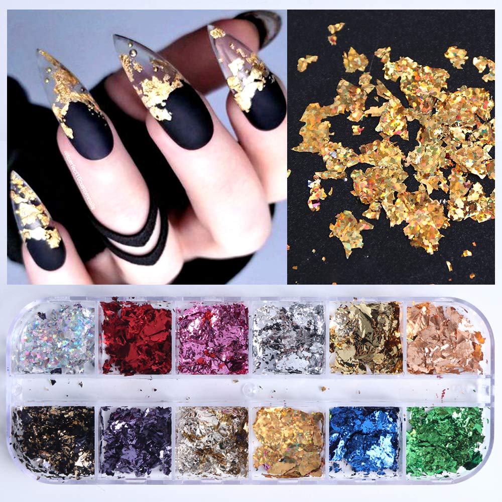 AUOCATTAIL 24 Grids Foil Nail Art Holographic Aluminum Nail Foil Flakes Stickers Nail Sequins 3D Glitter Decoration DIY Design Accessories Rainbow