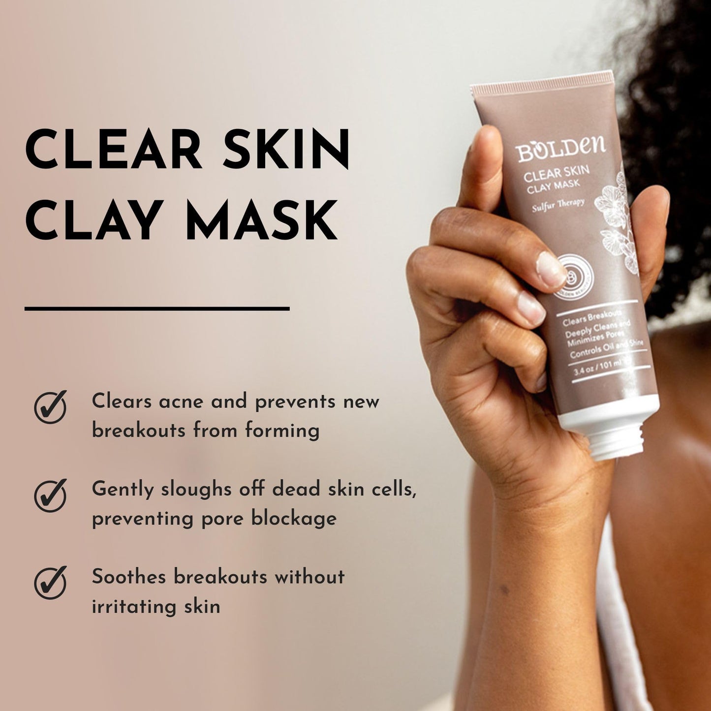BOLDEN Clear Skin Clay Mask | Made with Sulfur for Deep Pore Cleansing & Preventing Breakouts | Pore Minimizer and Oil Reducer for Sensitive Skin |