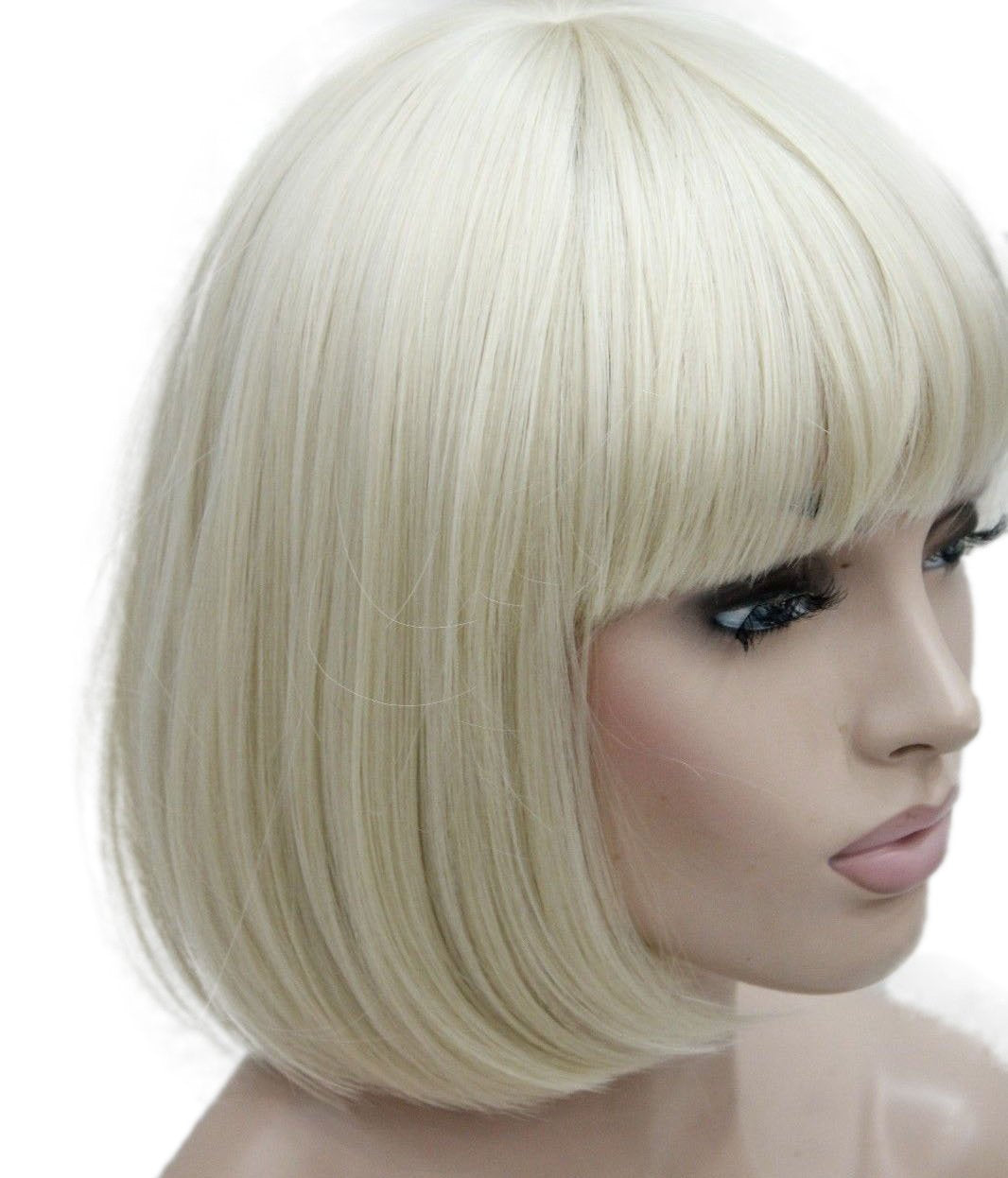 Lydell 8" Straight Short Bob Hair Flat Bangs Cute Central Dot Skin Top Heat Resistant Synthetic Wigs (614 Pale Blonde)
