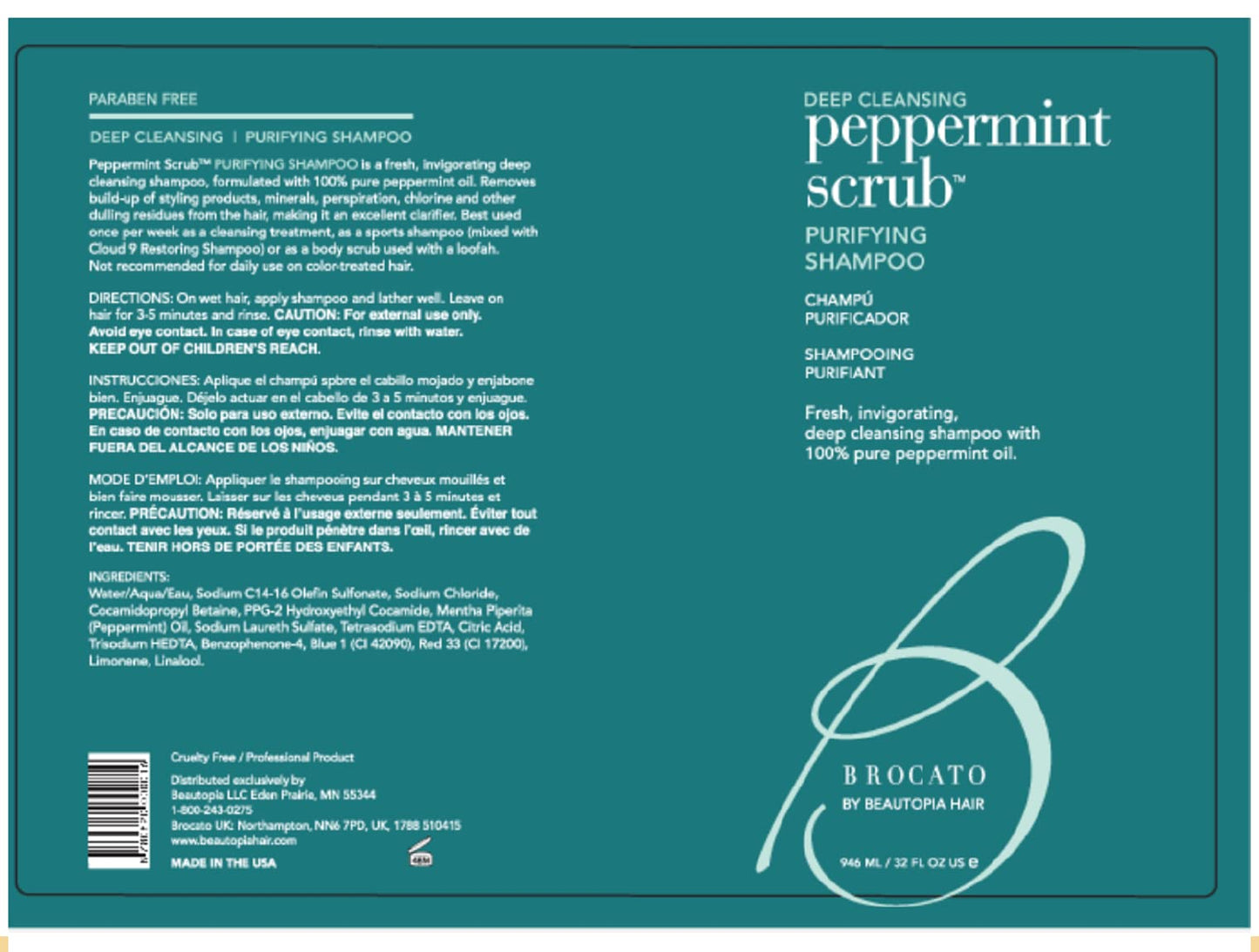 Brocato Peppermint Scrub Purifying Shampoo, Deep Cleansing, 32 Oz. | Fresh, Invigorating, & Lightweight with Pure Peppermint Oil | Ideal for Oily