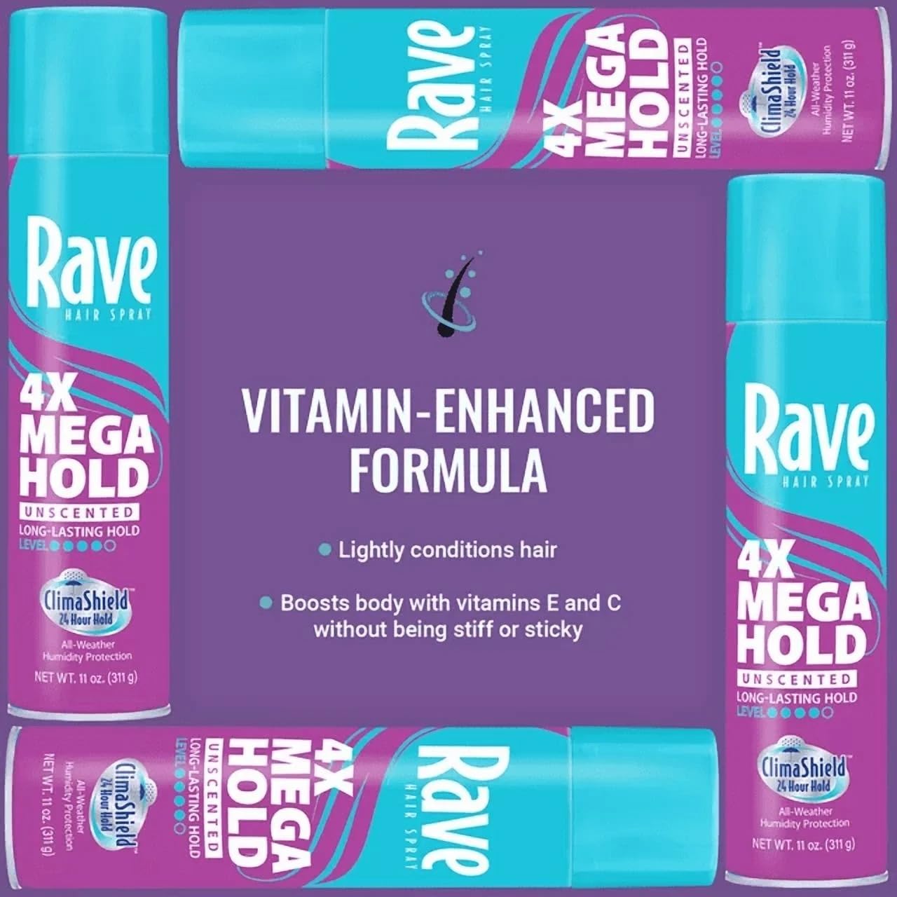 Rave 4X Mega Unscented Aerosol Hairspray - Hair Spray for High Humidity Weather - 24-Hour Lasting Hold - Vitamin-Enhanced Hair Volume Spray - 4 pc