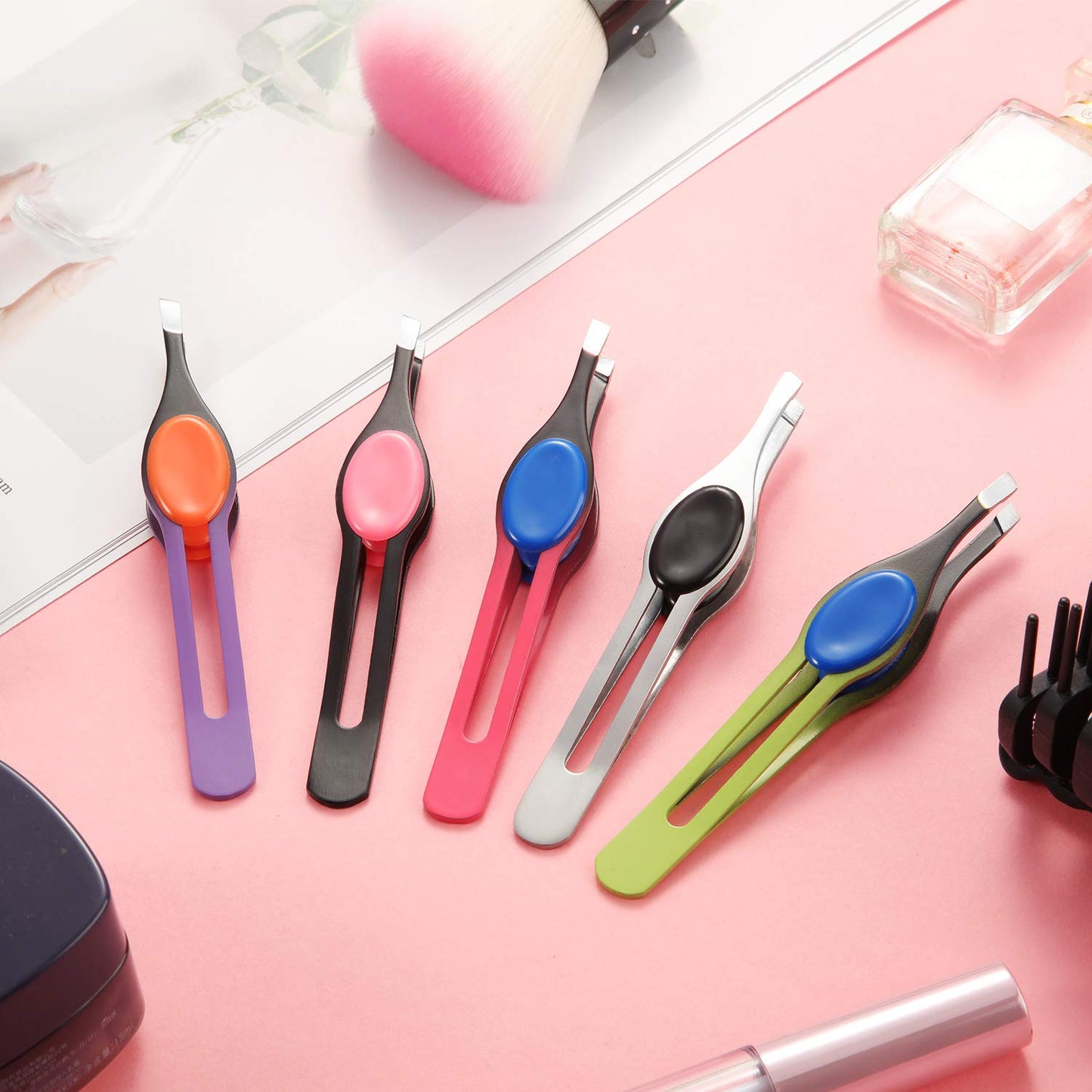 Chumia 5 Pieces Non-Slip Grip Tweezers Slanted Tip Stainless Steel Tweezer Wide Precision Tip Clip Tweezer for Ingrown Hair Eyebrow Shaping Splinter