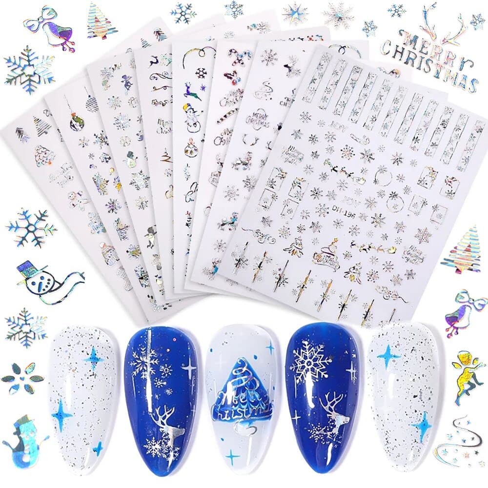 Christmas Nail Stickers - 8 Sheets 3D Holographic Winter Nail Decals Santa Claus Deer Snowflakes Snowmen Xmas Nail Art Sticker Manicure DIY Nail