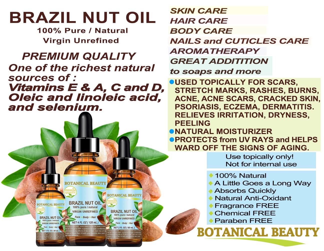 Botanical Beauty BRAZIL NUT OIL Bertholletia Excelsa WILD GROWTH RAW Brazilian 100% Pure Natural Virgin Unrefined for FACE, SKIN, BODY, HAIR, NAILS