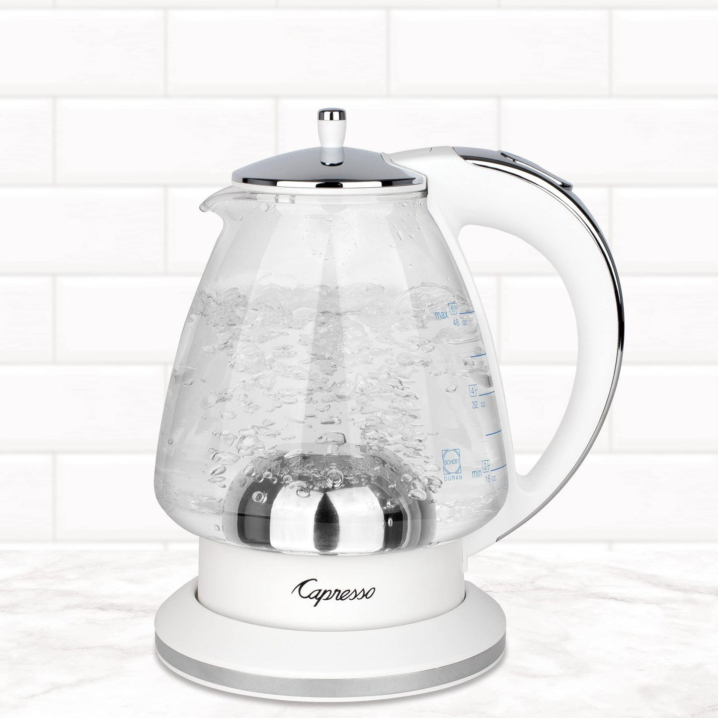 Capresso H2O Glass Kettle, 240.02, White and polished chrome, 48 ounces