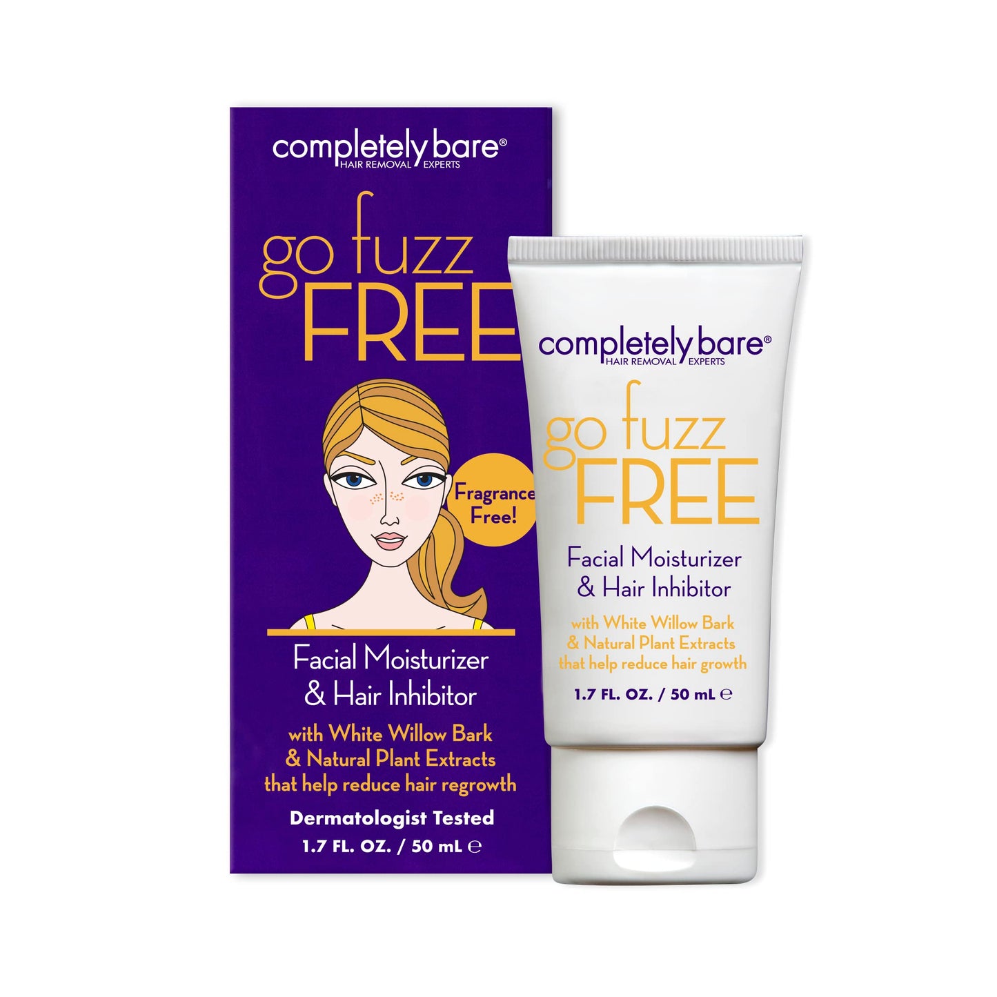 Completely Bare go fuzz FREE | Facial Moisturizer & Hair Inhibitor | Vitamin E | Hair Minimizers | Fragrance Free | 1.7 FL OZ