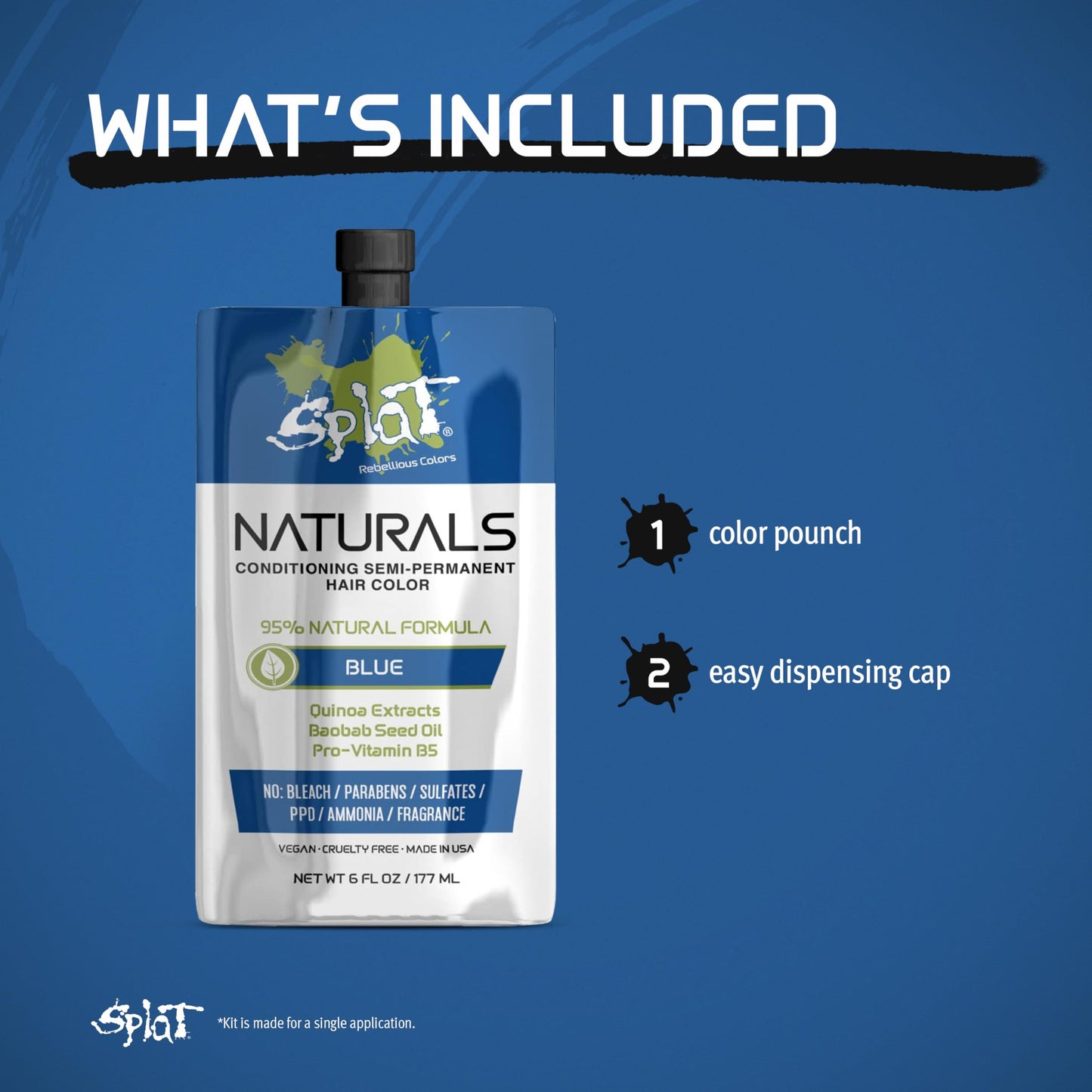 Splat Naturals Semi-Permanent Hair Color, Blue, 6 fl. oz., 95% Natural Hair Dye Formula Lasts Up to 30 Washes, Vegan & Cruelty-Free