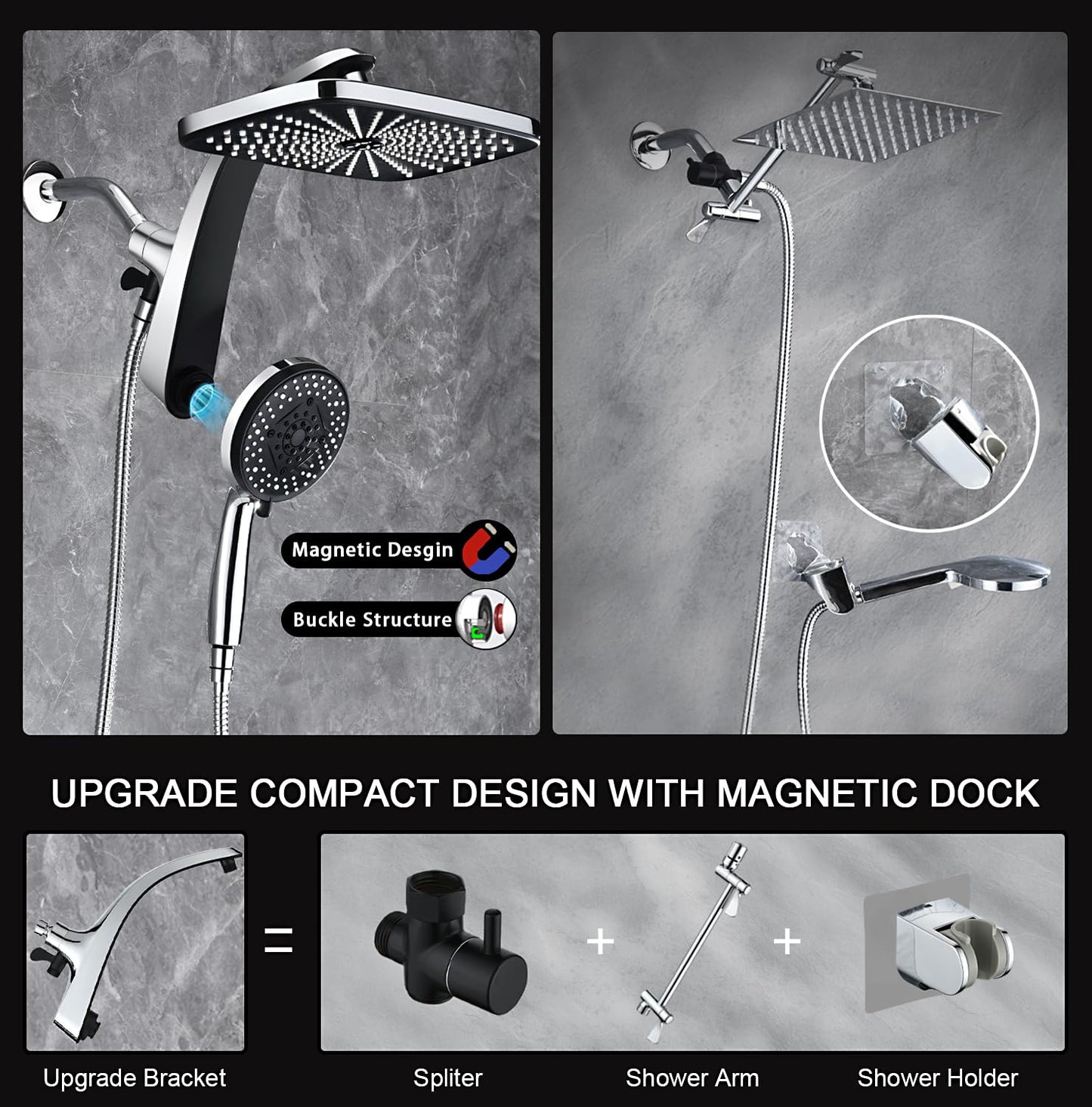 High Pressure Rain Shower Head Combo, Fixed & 10-Spray Handheld with Magnetic Docking, Detachable Power Jet Showerhead Upgrade