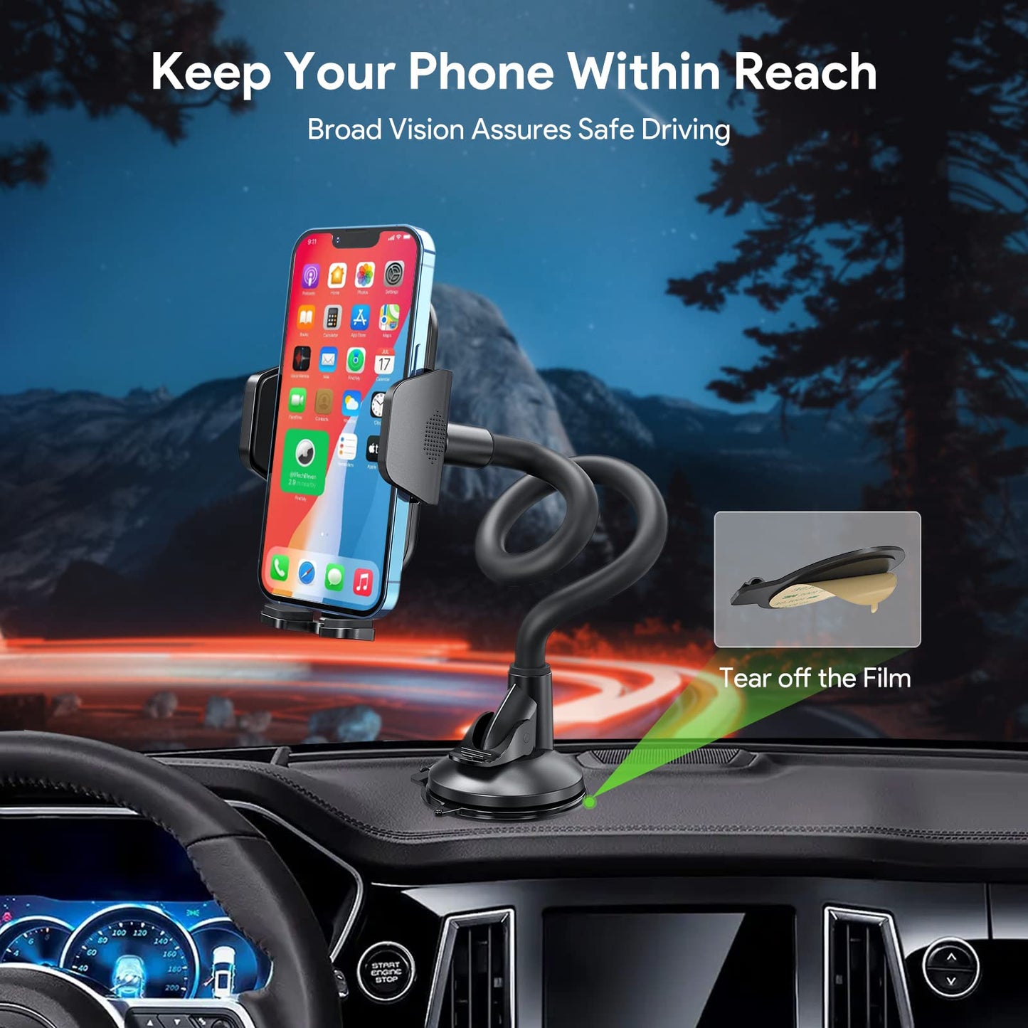 Esoulk Long Arm Car Phone Holder Mount - 11” Adjustable Dashboard & Windshield Mount with Strong Suction Cup, 360° Rotation, Secure Grip for iPhone…